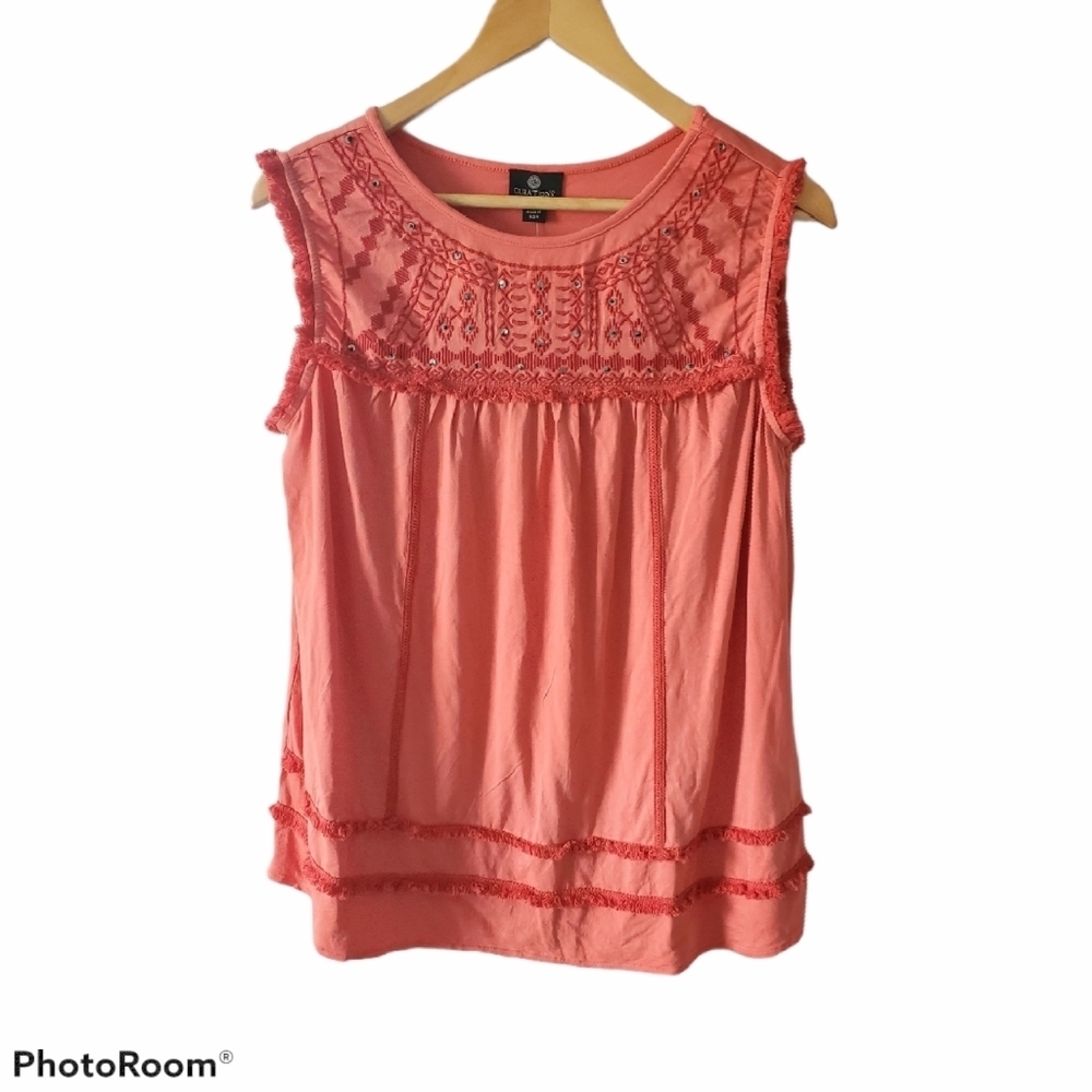 Curations Coral Seqined Tank/Shell Aztec Design